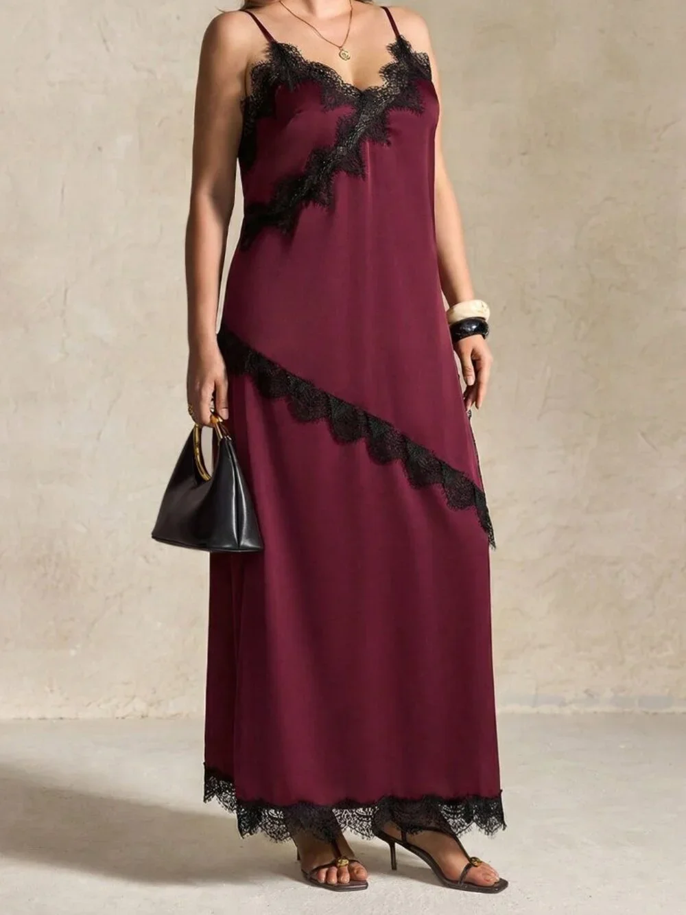Burgundy Casual Women's Contrast Lace Ruffle Spaghetti Strap Midi Skirt Set